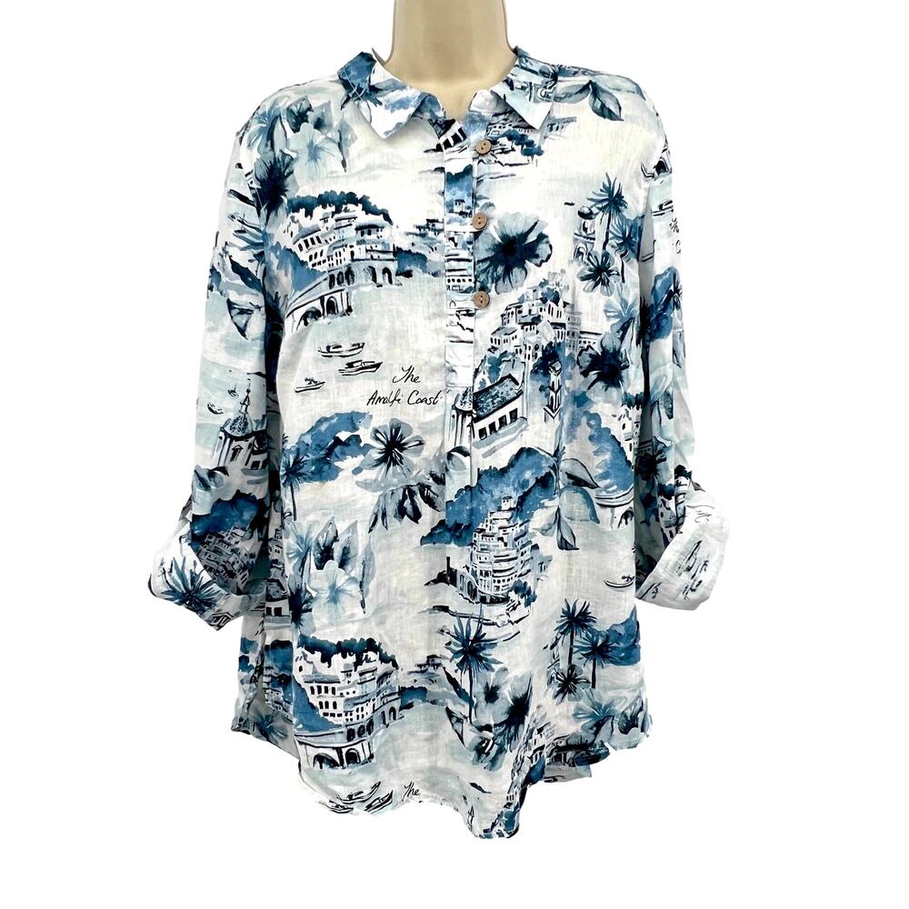 100% Linen Women's 1X Amalfi Coast AOP Coastal‎ Beachy Vacation Top Resort Wear